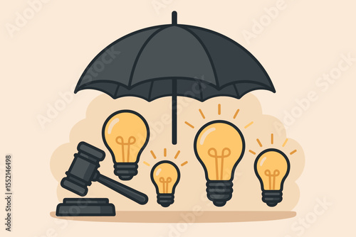 Intellectual property protection concept. Cartoon umbrella shields creative ideas and inventions represented by glowing light bulbs and judge gavel. Legal copyright patent defense illustration.