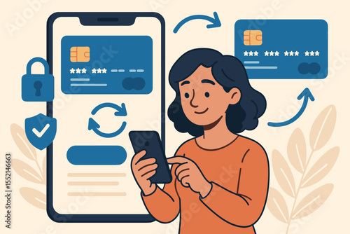 Secure Mobile Banking App Concept with Card Synchronization, Online Payment Protection, Financial Management, Digital Security, Safe Money Transfer, Vector Illustration, No Text Elements