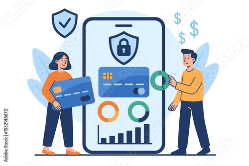 Secure Mobile Banking App, Credit Card Synchronization, Online Payment Protection, Financial Management Dashboard, Data Analytics, Cartoon Vector, Digital Finance Security Concept