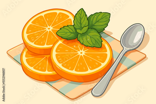 Juicy Orange Slices with Fresh Mint Leaves and Stainless Steel Spoon on Pastel Plaid Napkin, Healthy Citrus Fruit Breakfast Illustration, Clean Vector Food Concept, No Text Included