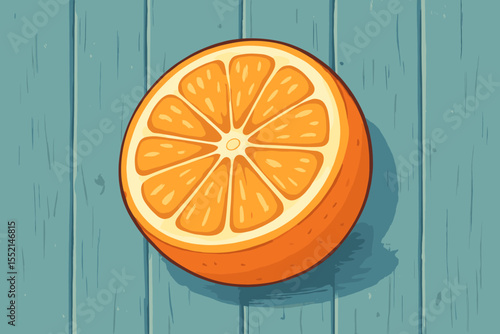 Vibrant orange fruit slice cartoon illustration, retro vintage style, on blue wooden plank background, juicy citrus section, healthy food, summer refreshment, isolated vector art