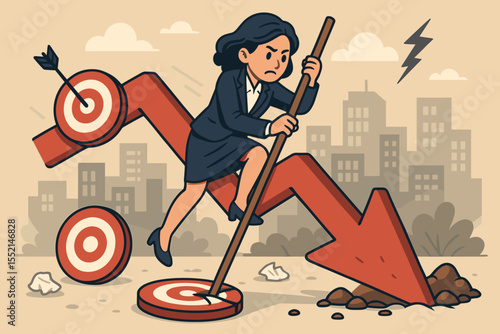 Businesswoman Overcoming Setbacks, Resilience and Adaptability, Missed Targets, Downward Arrow, Challenges, Business Crisis, Failure Recovery, Motivation, Vector Cartoon Illustration