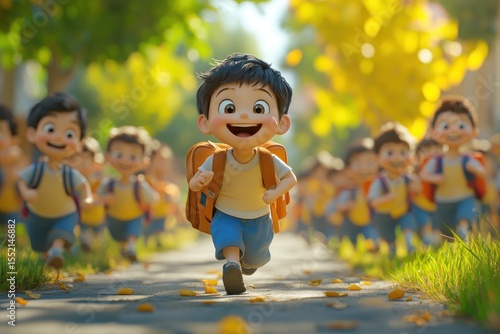 Happy pupils running to school on a sunny day: back to school