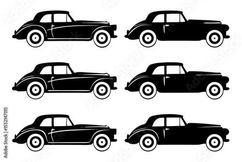 Classic Car Silhouettes: Elegant black silhouettes of classic cars, each exuding a timeless charm and embodying an era of automotive design. Capturing the essence of vintage automobiles.