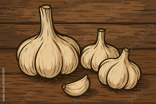 Rustic garlic bulbs and clove illustration on vintage wooden background. Hand-drawn vegetable food design. Organic culinary ingredient. Farm harvest, spice kitchen decor. Vector cartoon art
