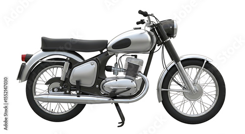 Vintage silver motorcycle, side view, isolated on white background.