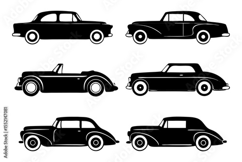 Classic Car Collection: A curated collection of classic cars, each a silhouette of timeless design and automotive elegance, meticulously rendered in a monochrome presentation.