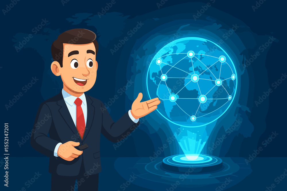 Businessman in Suit with Red Tie Presenting Global Network Concept, Digital Technology, World Map, Holographic Globe, International Communication, Vector Illustration for Corporate Presentation Businessman in Suit with Red Tie Presenting Global Network Concept, Digital Technology, World Map, Holographic Globe, International Communication, Vector Illustration for Corporate Presentation