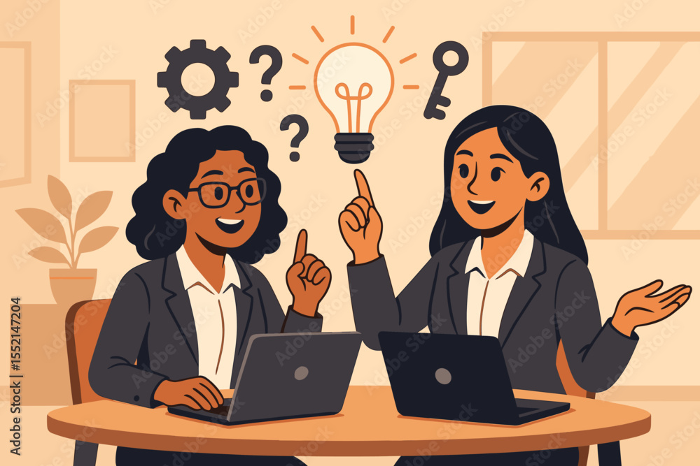 Two businesswomen collaborating on creative problem solving, brainstorming innovative solutions, unlocking strategies, finding answers, teamwork, modern office, vector illustration, business concept Two businesswomen collaborating on creative problem solving, brainstorming innovative solutions, unlocking strategies, finding answers, teamwork, modern office, vector illustration, business concept
