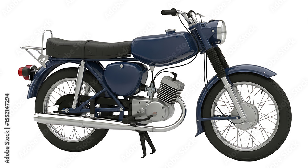 Obraz premium Classic blue moped, vintage motorcycle, side view, isolated on white background.