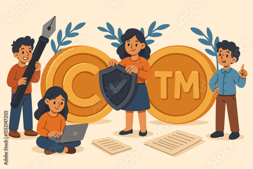 Intellectual Property Protection Concept, Copyright and Trademark Law, Creative Children Authors, Legal Rights, Security, Vector Cartoon Illustration, Digital Rights Management, Education