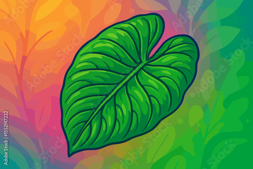 Vibrant Colocasia Leaf Vector Illustration. Lush Green Tropical Foliage with Detailed Veins on Colorful Gradient Nature Background. Exotic Plant Design. Botanical Cartoon Art for Summer Decor