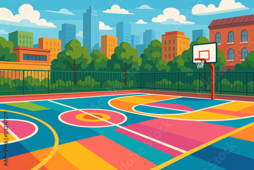 Colorful Urban Outdoor Basketball Court Vector Illustration, Modern City Park Playground, Vibrant Multicolored Sports Field, Summer Recreation, Skyline, Trees, No People, Daytime Concept Art