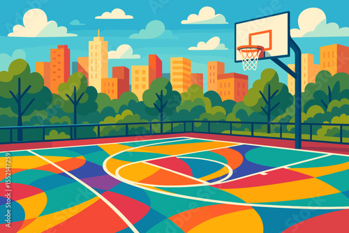 Colorful Urban Basketball Court Vector Illustration. Vibrant Multicolored Outdoor Playground with City Skyline, Trees, Modern Sports Facility, Abstract Geometric Design, Sunny Day, No People