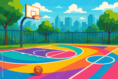 Colorful urban basketball court vector illustration. Vibrant outdoor sports playground with multicolored abstract patterns, city skyline, green park trees, sunny day, modern recreation concept