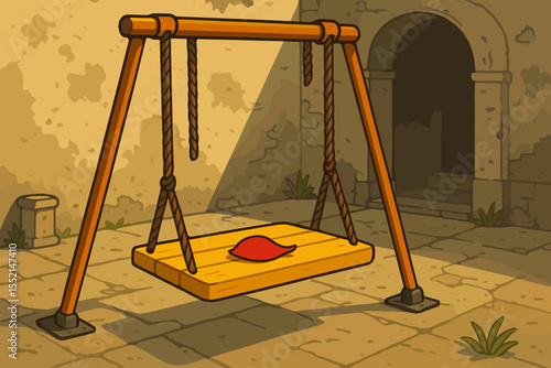 Empty wooden swing in a sunlit stone courtyard with a red petal on the seat. Metaphor for waiting, loneliness, lost love, memory, nostalgia, and forgotten childhood dreams.
