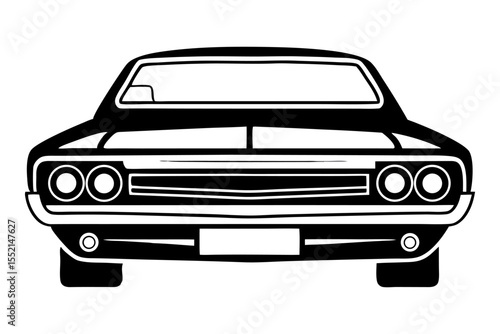 Classic Car Silhouette: A sleek and powerful classic car, a symbol of automotive heritage, rendered in bold black and white silhouette, the front view of a vintage automobile