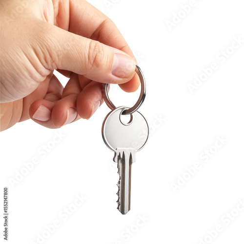 Close-Up of Male Hand Holding a Shiny Silver Key by the Ring, Realistic Lighting – Isolated on Transparent Background