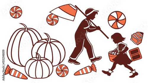 Halloween candy harvest: Two children, silhouetted against the background, are joyfully gathering candy and pumpkins in a seasonal illustration, which shows the magic of childhood.