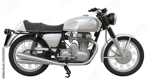 Classic silver motorcycle, side view, detailed design.