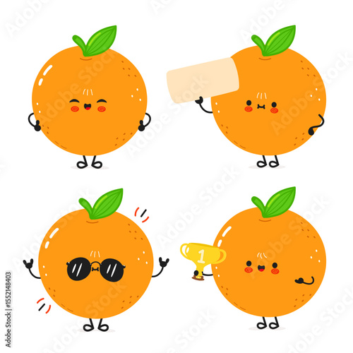 Cute cartoon Oranges displaying various emotions, including holding a sign and a trophy.