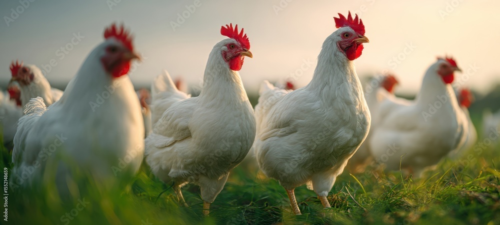 Fototapeta premium The flock of free-range chickens roaming in a sunlit grassy field