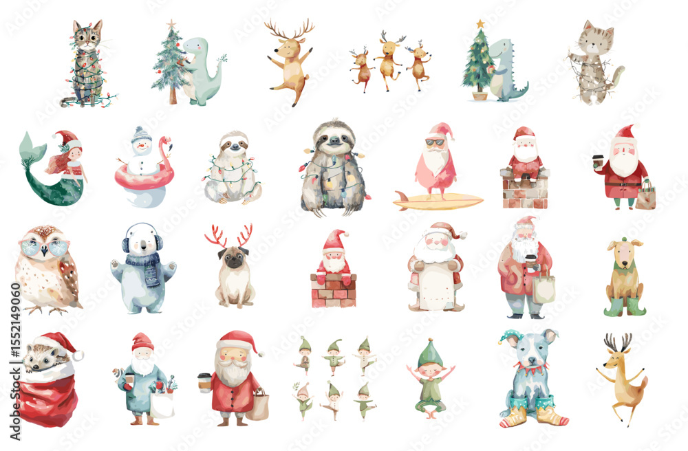 Fototapeta premium Whimsical Christmas-themed animals and characters in festive attire 