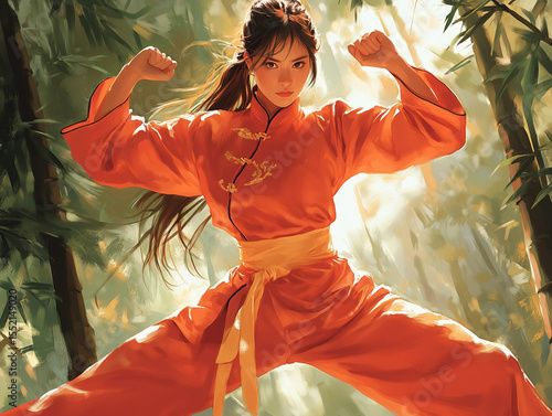 A young woman in a red suit practicing traditional Chinese martial arts