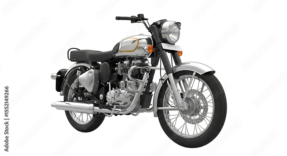 A classic motorcycle, silver and black, displayed against a white background. A classic motorcycle, silver and black, displayed against a white background.