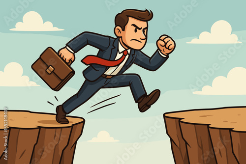 Businessman with briefcase jumps across a chasm. Business concept for taking a risk, courage, and ambition. Leap of faith to overcome obstacles for success and career growth.
