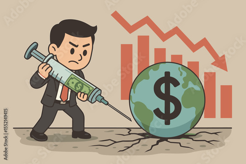 Global economic recovery concept. Businessman giving money injection to the world to fight financial crisis and recession. Economic stimulus, bailout, quantitative easing metaphor.