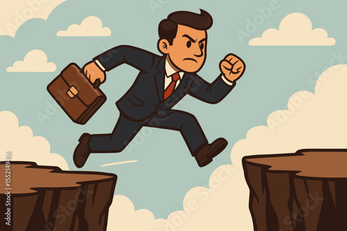 Businessman leaping over a chasm. Concept of taking a risk, overcoming challenges, and career growth. Determined cartoon character jumping across a gap. Leap of faith to success.
