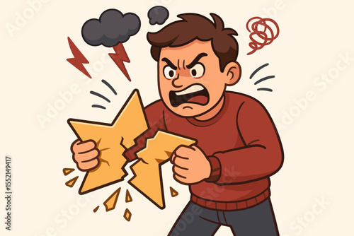 Negative feedback concept. Angry man breaking a star rating. Bad review and customer dissatisfaction illustration. Character expressing frustration, rage, failure, and disappointment.