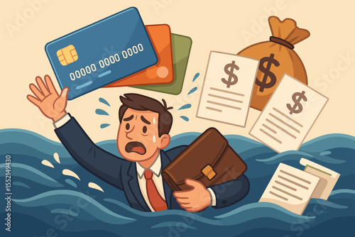 Businessman drowning in a sea of debt, a metaphor for financial crisis and struggle. Stressed cartoon character overwhelmed by credit card bills. Concept for bankruptcy and problems.