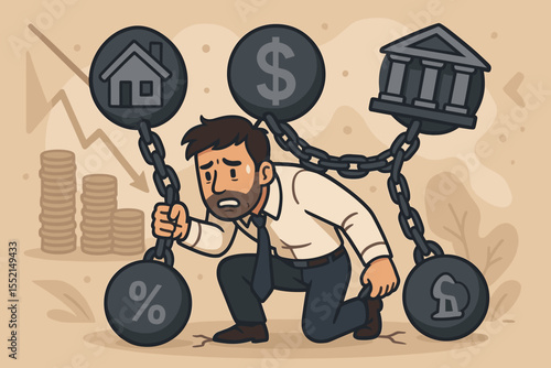 Financial burden concept. Stressed businessman chained to heavy weights of debt. Metaphor for mortgage, bank loans, interest rates, and money problems. Economic crisis, recession.