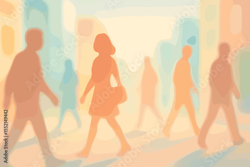 Blurred silhouettes of people walking on a city street. Abstract concept of an anonymous crowd and urban society. Hazy, out of focus vector background with pastel colors. Modern life.