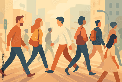 Crowd of diverse people walking on a city street crosswalk. Vector illustration of pedestrians in motion, commuting in an urban environment. Modern flat design cityscape background.