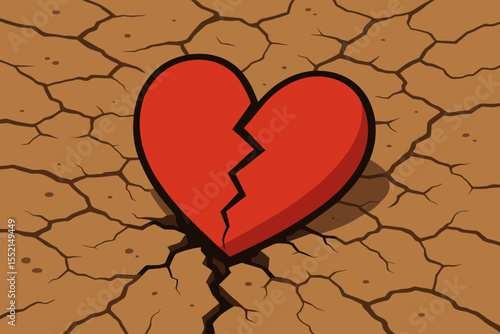 Broken heart on cracked earth vector cartoon illustration. Metaphor for heartbreak, divorce, sadness, and loss. Symbol of a painful relationship, emotional crisis, and hardship.