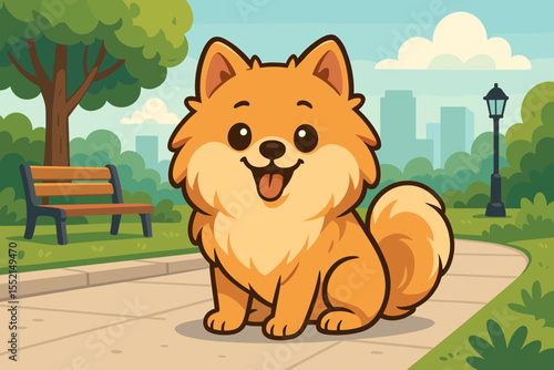 Cute cartoon Pomeranian dog character sitting in a city park. Happy fluffy spitz puppy pet mascot on an urban sidewalk with a cityscape background. Vector animal illustration.