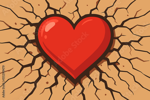 Conceptual red heart on cracked ground. Symbol of love surviving hardship, pain, and heartbreak. Metaphor for resilience, strength, hope, and charity in a crisis. Vector cartoon.
