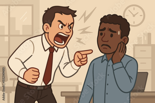 Angry boss shouting at a scared employee. Workplace bullying, harassment, and racism concept. Vector illustration of office conflict, aggression, and verbal abuse. Toxic work environment.