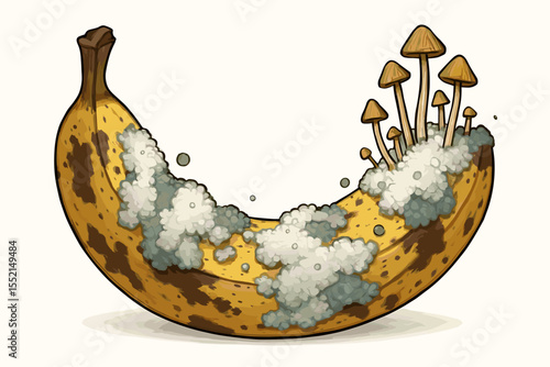 Decomposing banana vector illustration with mold and fungus growing. Rotten spoiled fruit with mushrooms. Concept of food waste, expiration, organic decay, and the natural life cycle.