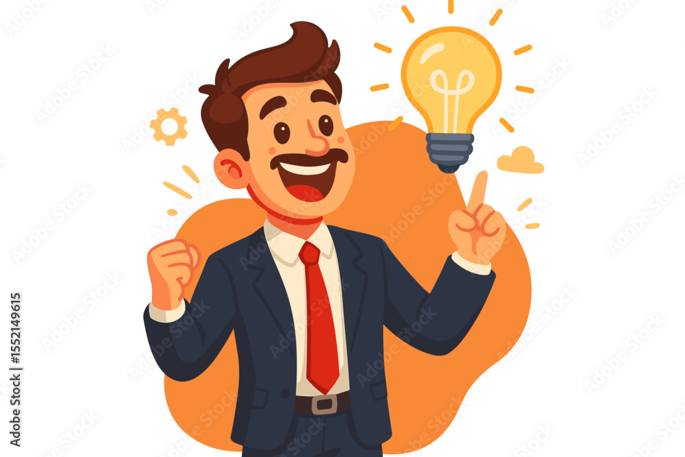 Happy businessman with a new creative idea. Excited cartoon character pointing at a lightbulb. Concept of innovation, inspiration, business solution, project development and startup success. Happy businessman with a new creative idea. Excited cartoon character pointing at a lightbulb. Concept of innovation, inspiration, business solution, project development and startup success.