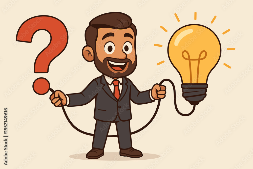 Businessman connecting a question mark to a lightbulb. Concept of problem solving and finding a solution. Metaphor for creativity, innovation, business strategy, inspiration, and ideas. Businessman connecting a question mark to a lightbulb. Concept of problem solving and finding a solution. Metaphor for creativity, innovation, business strategy, inspiration, and ideas.