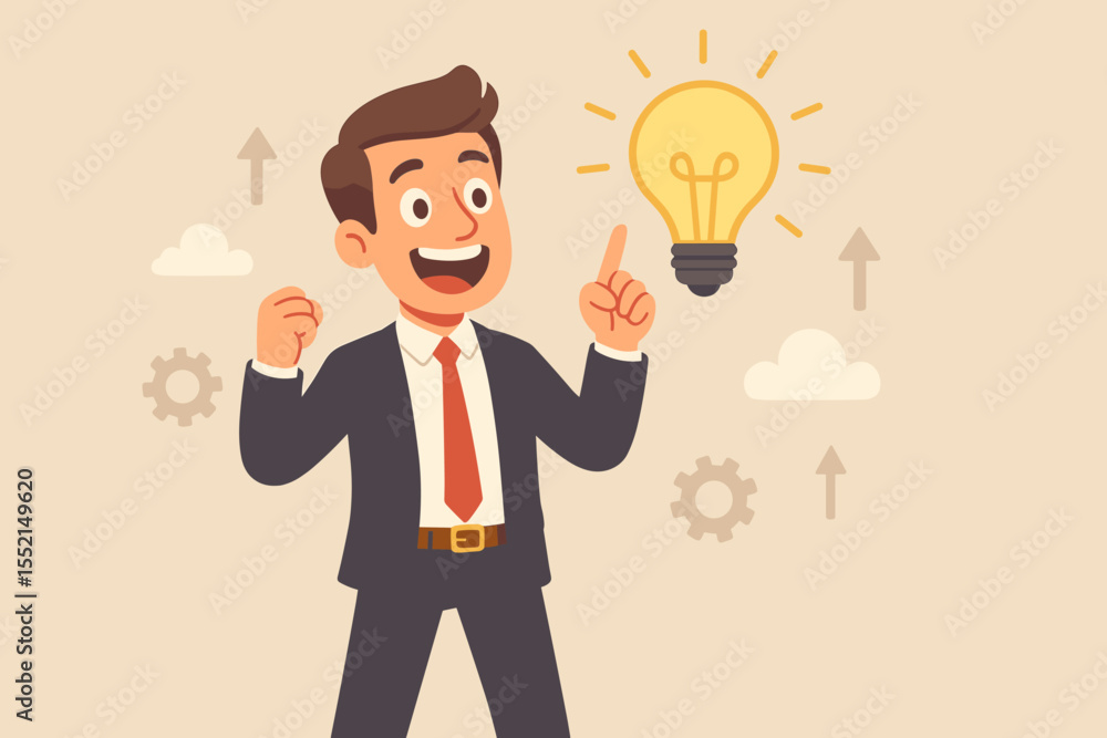 Businessman excited about a new creative idea. Happy cartoon entrepreneur pointing at a lightbulb. Concept of innovation, project development, business solution, startup success. Businessman excited about a new creative idea. Happy cartoon entrepreneur pointing at a lightbulb. Concept of innovation, project development, business solution, startup success.