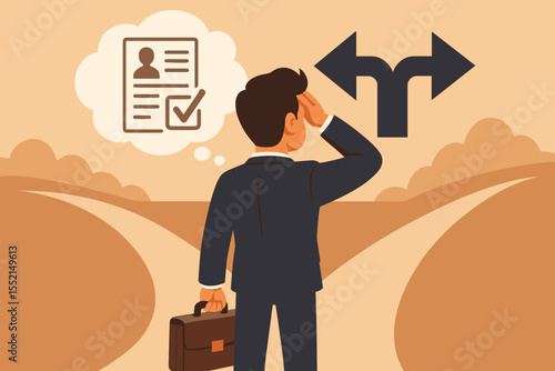 Businessman at crossroads making a career decision. Man thinking about a job offer and future path. Business choice, opportunity, and dilemma concept. Fork in the road metaphor. Vector illustration.