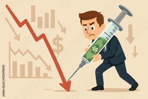 Financial crisis concept. Businessman stopping a recession with a money injection. Economic stimulus and government support metaphor. Quantitative easing and bailout vector illustration.