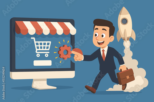 Businessman launching a new online shop. E-commerce startup concept with entrepreneur activating website settings. Digital business metaphor with rocket for fast growth and success.