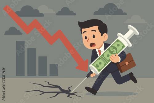 Economic stimulus metaphor with a businessman injecting money to fix a cracked economy. Financial crisis, recession, and bailout concept. Quantitative easing to stop market crash.