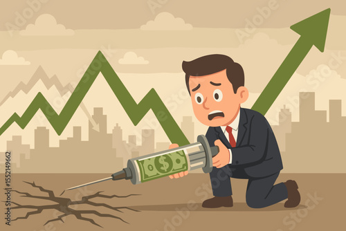 Economic stimulus concept. Businessman injects money into a cracked economy to aid recovery and growth. Financial crisis, recession, and bailout metaphor with cash injection.